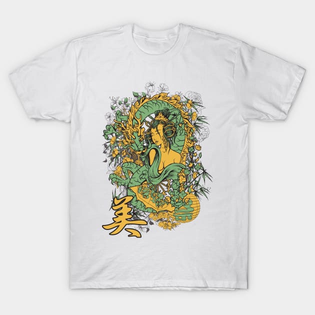 Geisha and Dragon Japanese Style T-Shirt by NiceIO